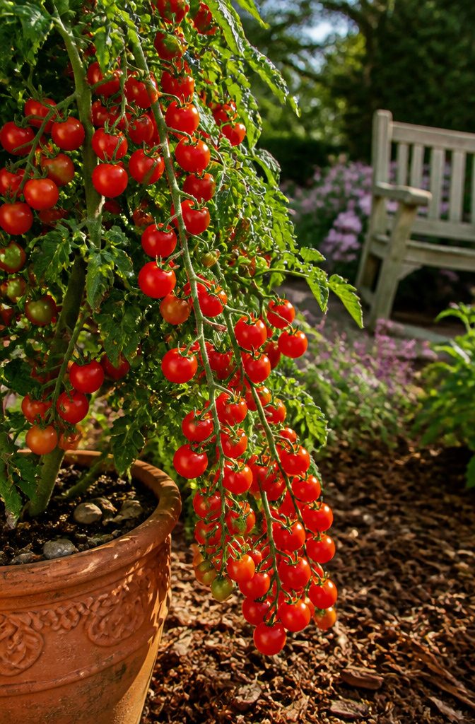 Clusters of small, red Sweet 100 cherry tomatoes on the vine.