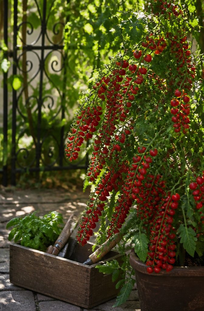 Dense clusters of tiny, deep red Sweet Pea Currant tomatoes.