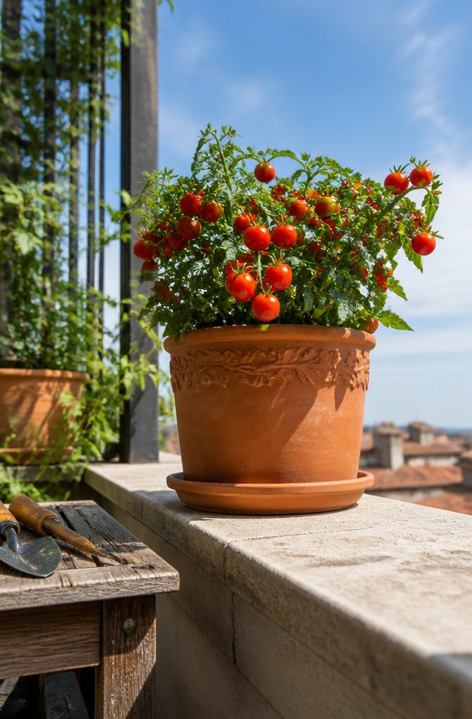 A small Tiny Tim cherry tomato plant in a pot.