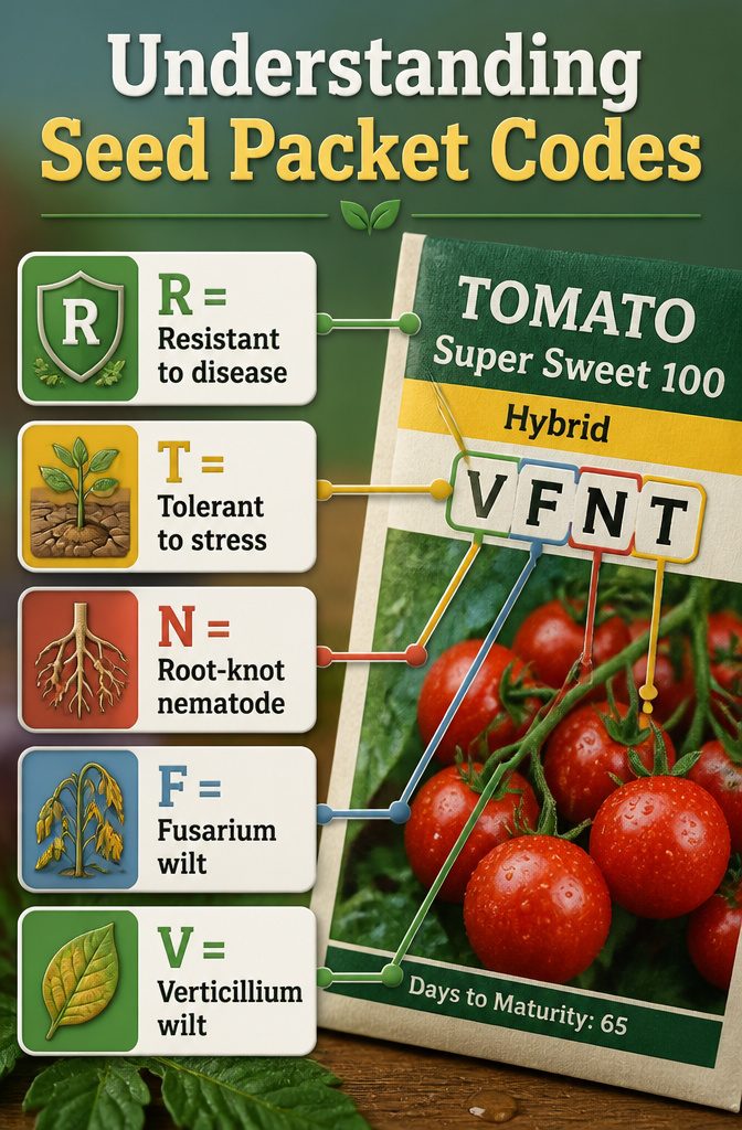 An image showing seed packet codes for tomato plants.