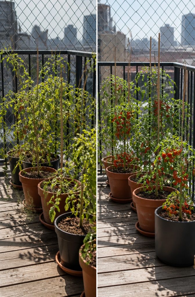 Tiny Tim and Cherry Punch tomato plants in pots.