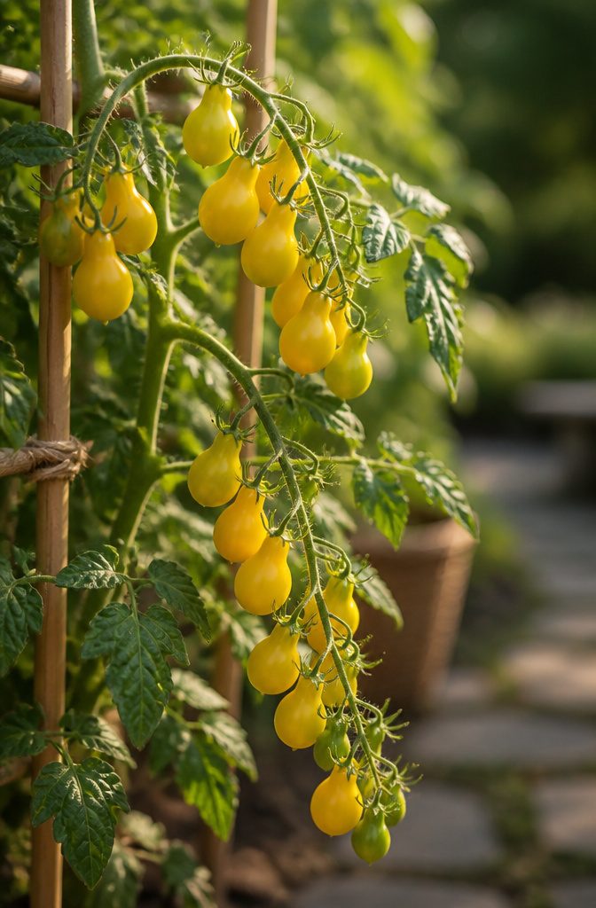 Clusters of small, yellow pear-shaped tomatoes on the vine.
