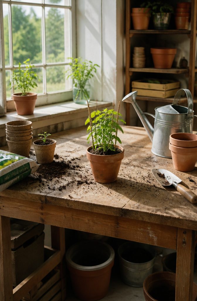 Two chopsticks supporting a leaning seedling in a pot.