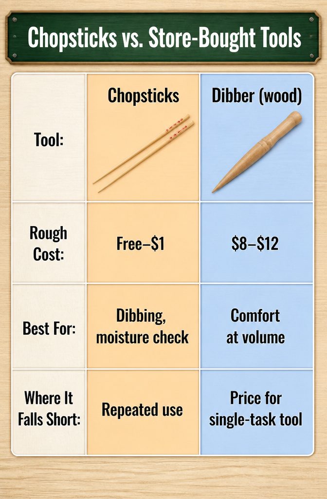 A comparison image of chopsticks and store-bought gardening tools.