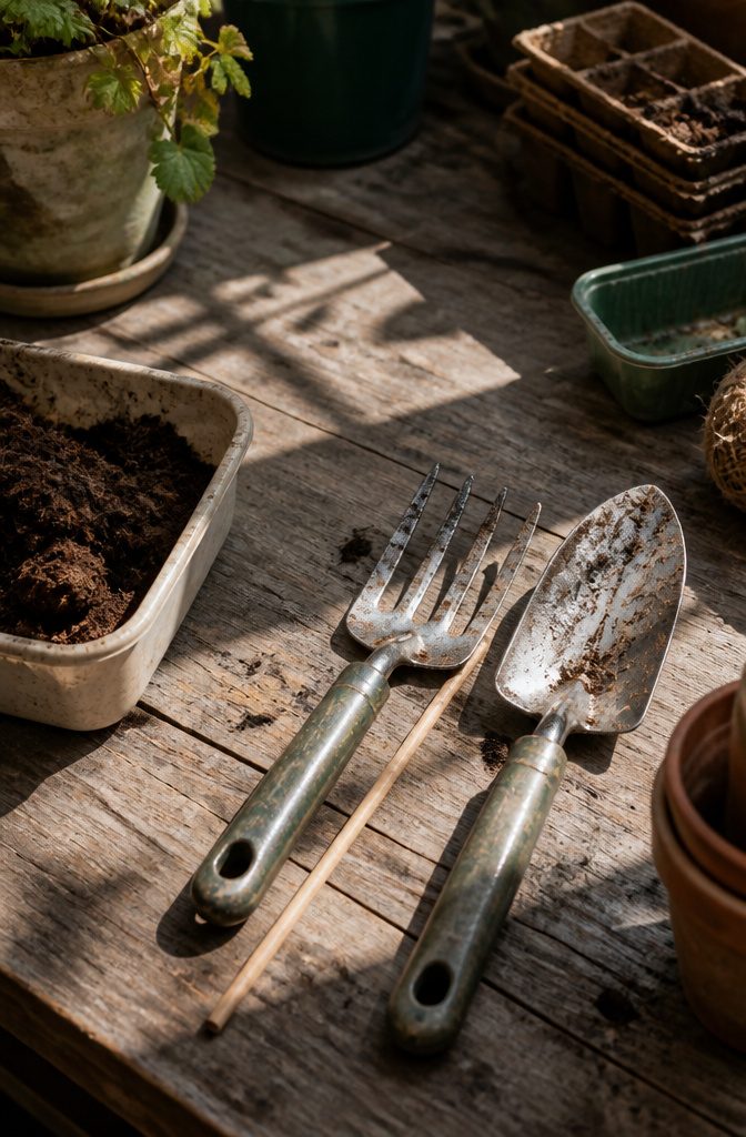 A chopstick resting beside gardening tools on a potting table.