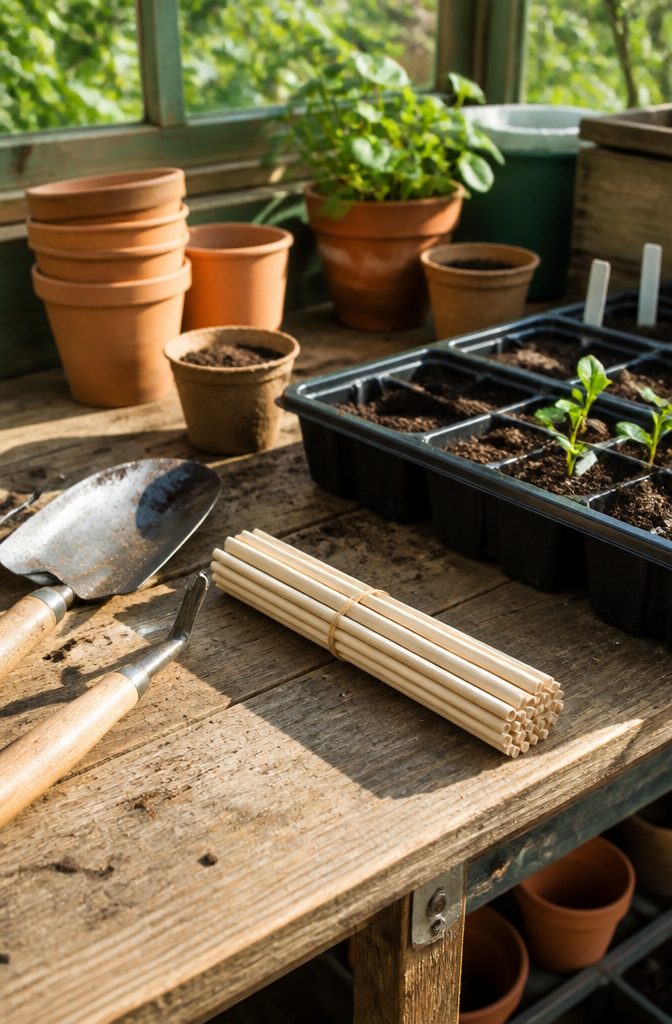 A stack of unvarnished wooden chopsticks organized on a potting bench.