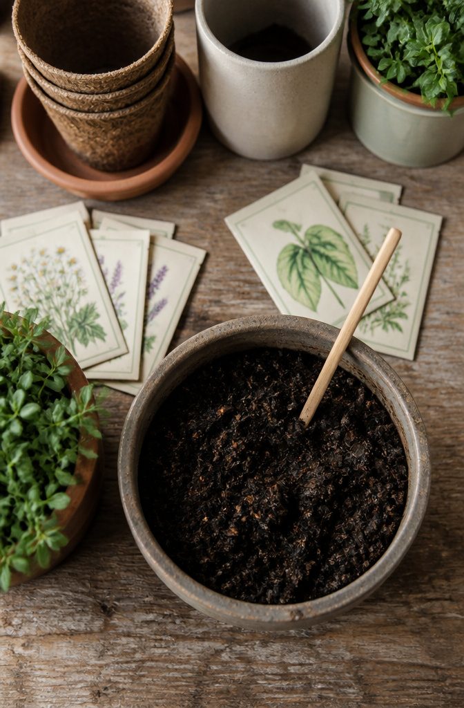 A chopstick labeled with plant variety and date, inserted into a pot.