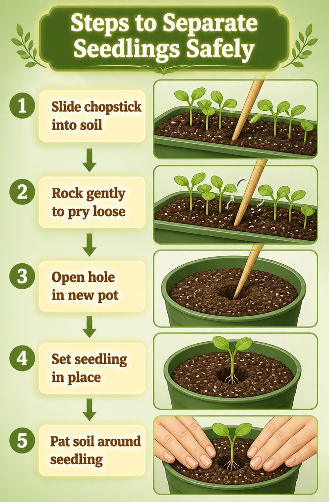 A wooden chopstick inserted into soil beside seedlings for separation.