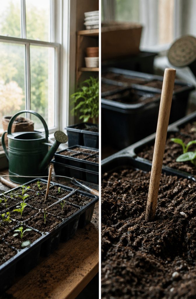 A wooden chopstick pushed into soil near a plant for moisture testing.