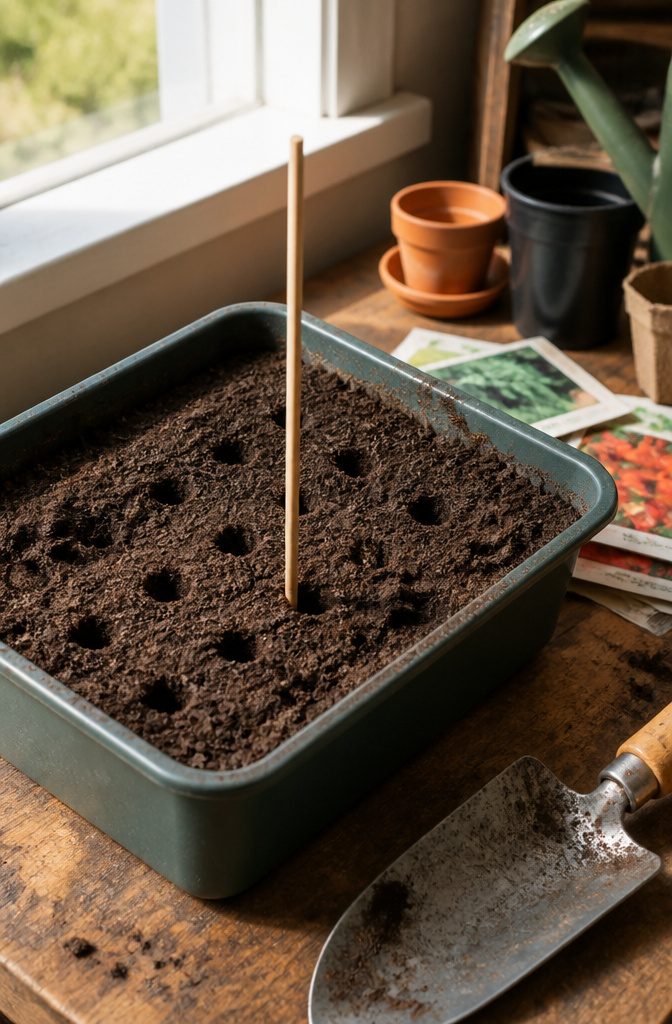 A chopstick piercing dark soil with small holes around it for planting.