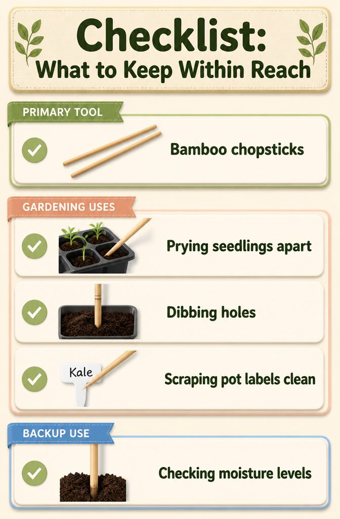 A pair of bamboo chopsticks resting on a gardening surface.