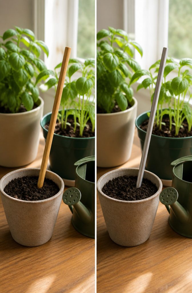 A wooden chopstick used for testing soil moisture in a pot.