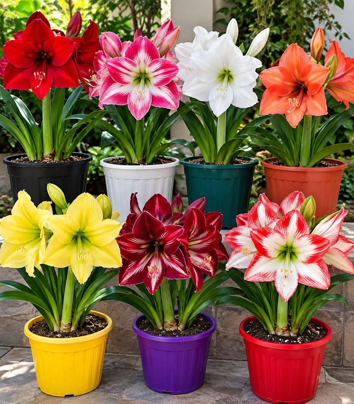 Amaryllis plants with colorful trumpet-shaped flowers in bright plastic pots outdoors.