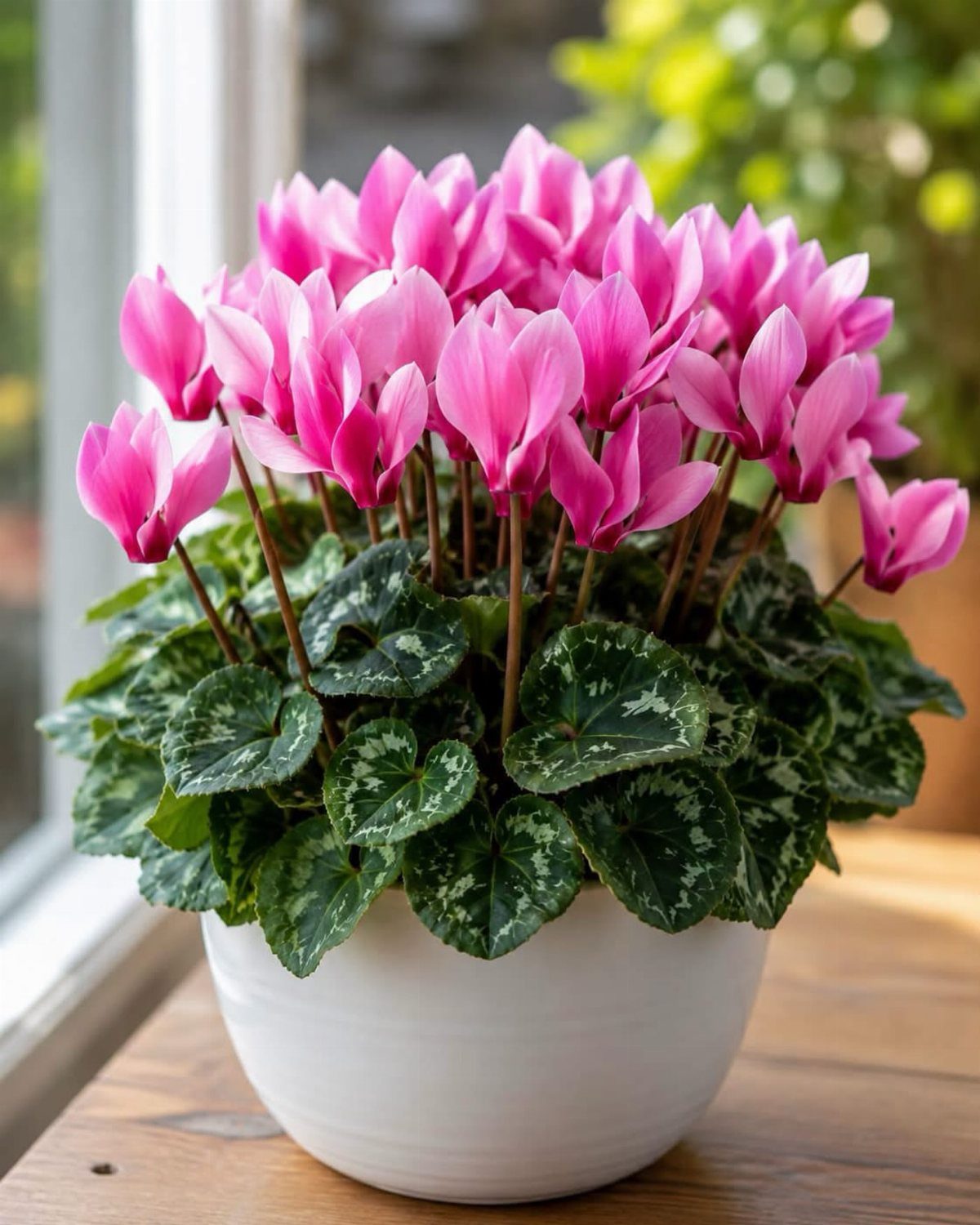 Pink cyclamen flowers with patterned green leaves in a white ceramic pot.