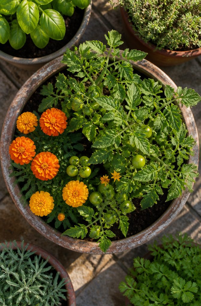 9 Container Garden Ideas for Any Space in 2026 14 A pot with marigolds and tomato plants demonstrating companion planting.