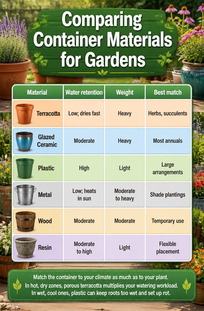 9 Container Garden Ideas for Any Space in 2026 10 A chart comparing different container materials for gardening.