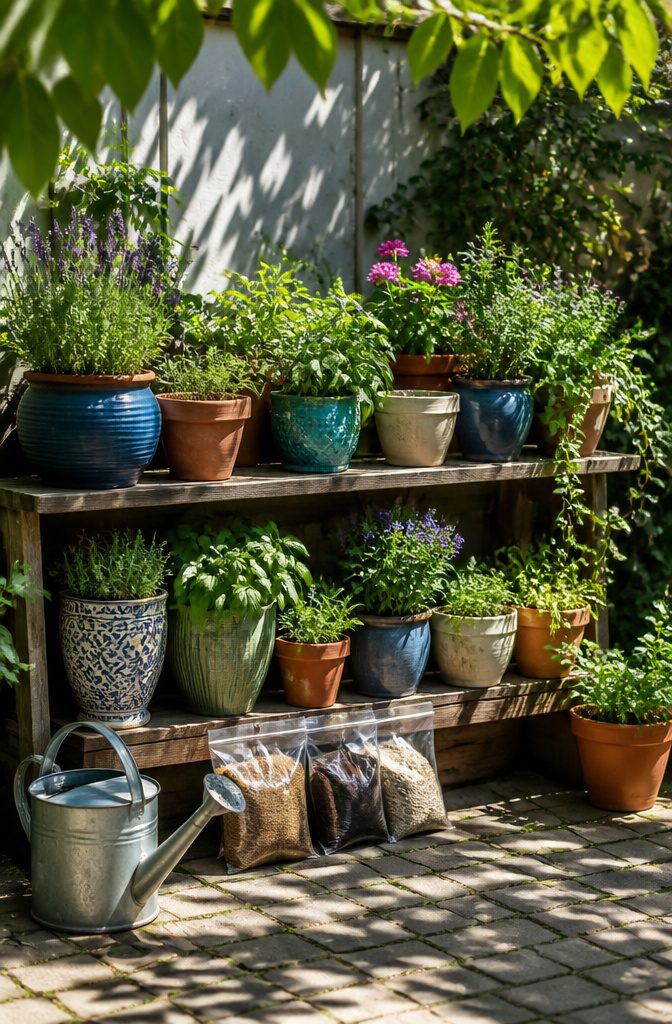 9 Container Garden Ideas for Any Space in 2026 12 An array of pots filled with lush plants and bags of fertilizer.