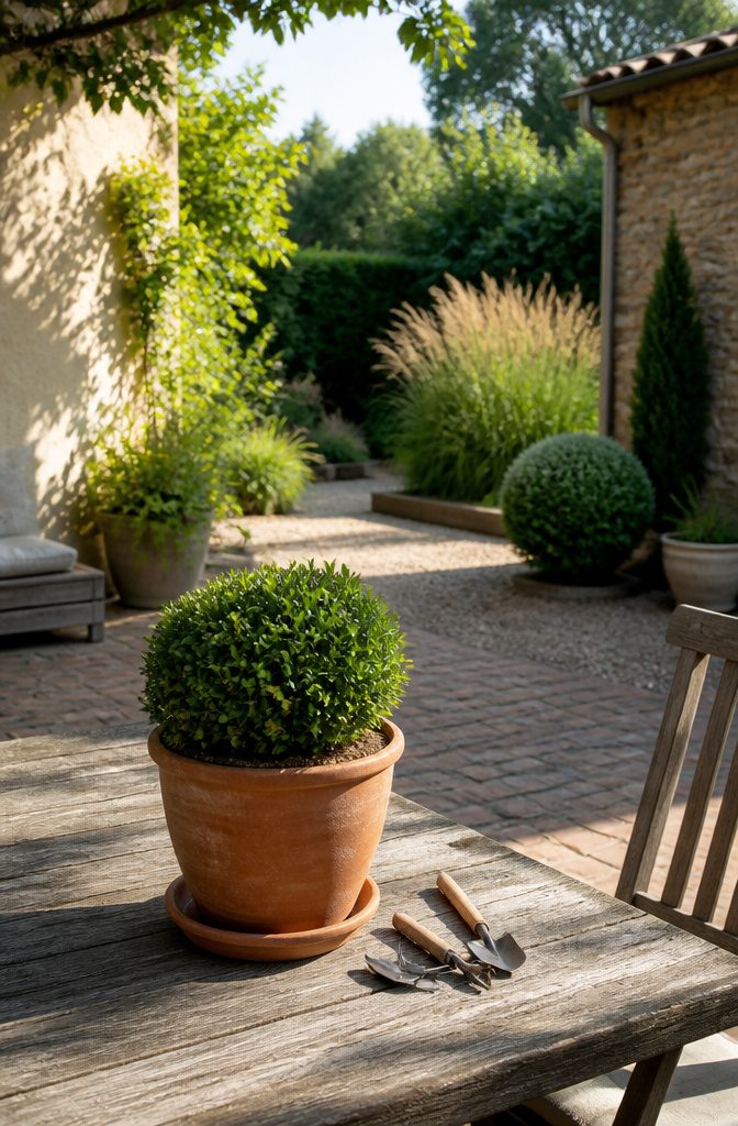 9 Container Garden Ideas for Any Space in 2026 2 A green dwarf boxwood in a terracotta pot on a patio.