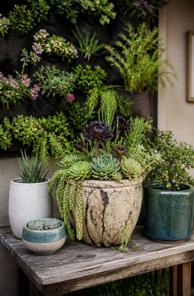 9 Container Garden Ideas for Any Space in 2026 5 A cracked antique crock overflowing with diverse succulent plants.