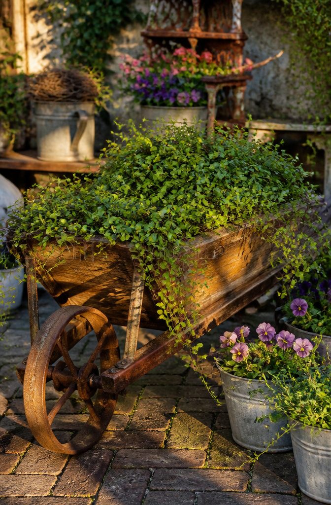 9 Container Garden Ideas for Any Space in 2026 7 An old wooden wheelbarrow filled with lush green trailing plants.