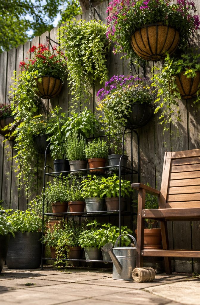9 Container Garden Ideas for Any Space in 2026 13 A three-tier metal stand with small pots for vertical gardening.
