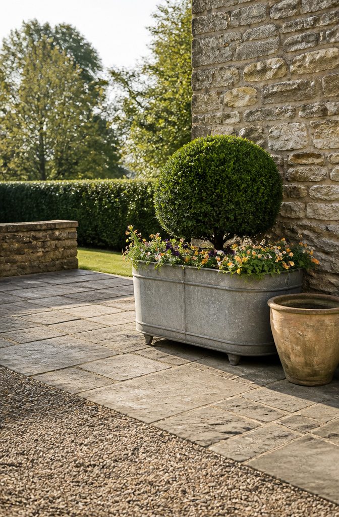 9 Container Garden Ideas for Any Space in 2026 4 An evergreen topiary surrounded by colorful seasonal flowers.