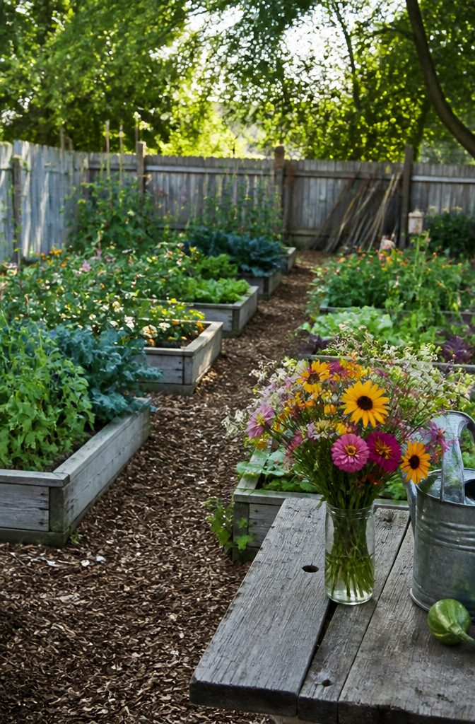 10 Creative Ways to Grow Food in Small or Unusual Spaces 5 Raised beds filled with vegetables and flowers in a community garden.