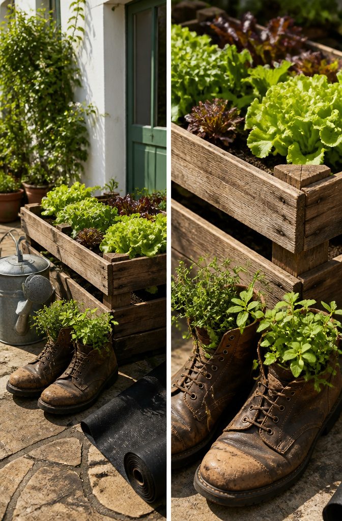 10 Creative Ways to Grow Food in Small or Unusual Spaces 1 Wooden crates and worn-out boots used as containers for plants.