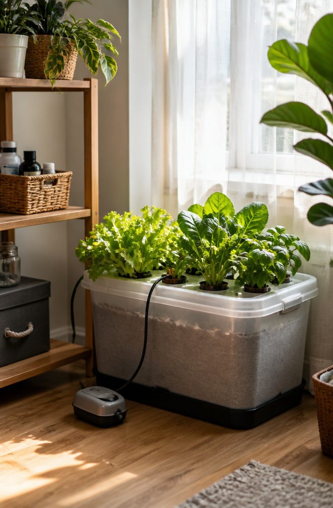 10 Creative Ways to Grow Food in Small or Unusual Spaces 3 Hydroponic setup with lettuce and herbs in a clear container.