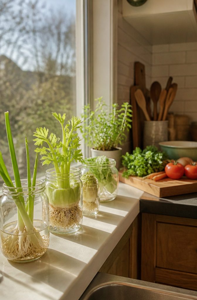10 Creative Ways to Grow Food in Small or Unusual Spaces 10 Jars of regrowing kitchen scraps on a kitchen windowsill.