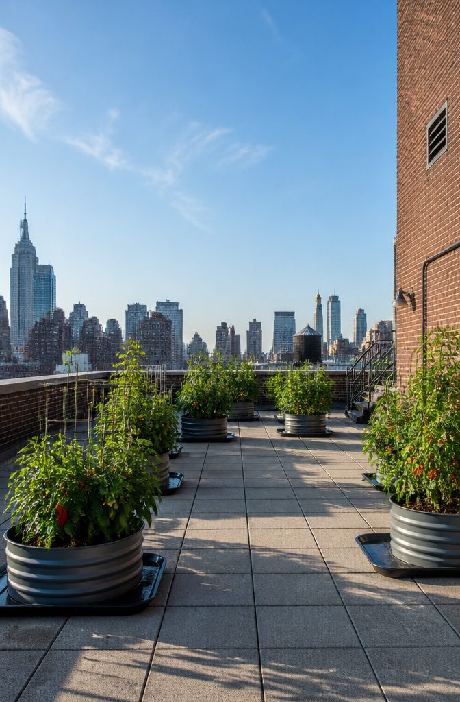 10 Creative Ways to Grow Food in Small or Unusual Spaces 6 Containers and trellises on a city rooftop garden.