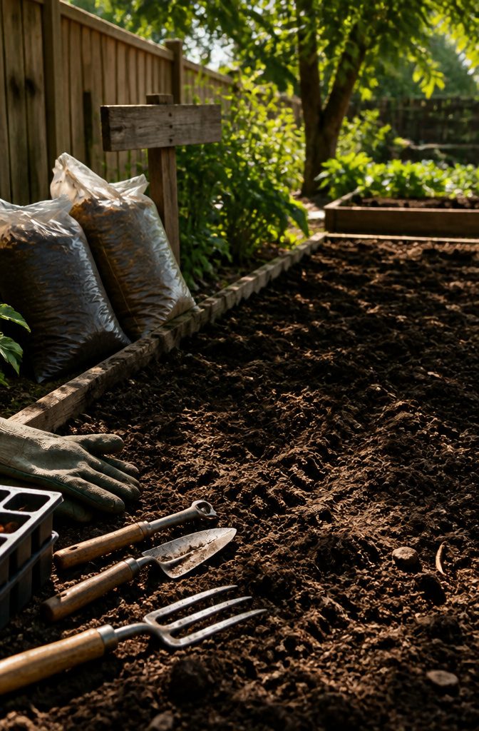 10 Creative Ways to Grow Food in Small or Unusual Spaces 11 Dark, crumbly garden soil with compost bags nearby.
