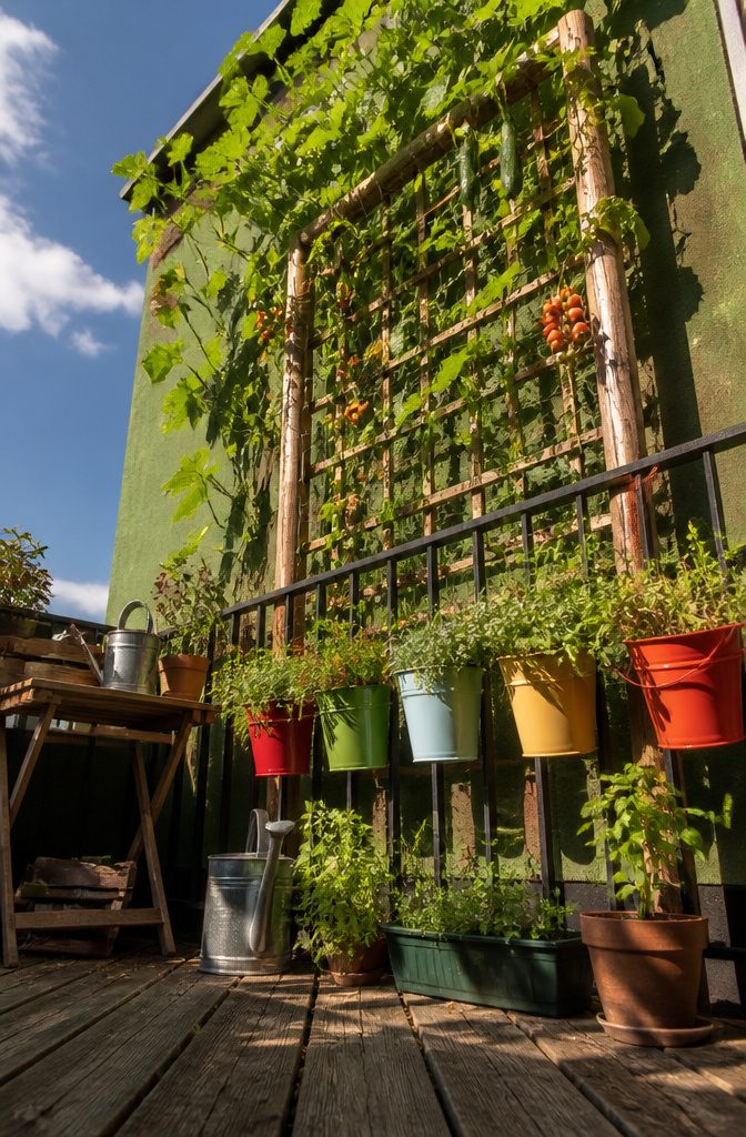10 Creative Ways to Grow Food in Small or Unusual Spaces 2 Plants climbing on trellises in a vertical garden setup.