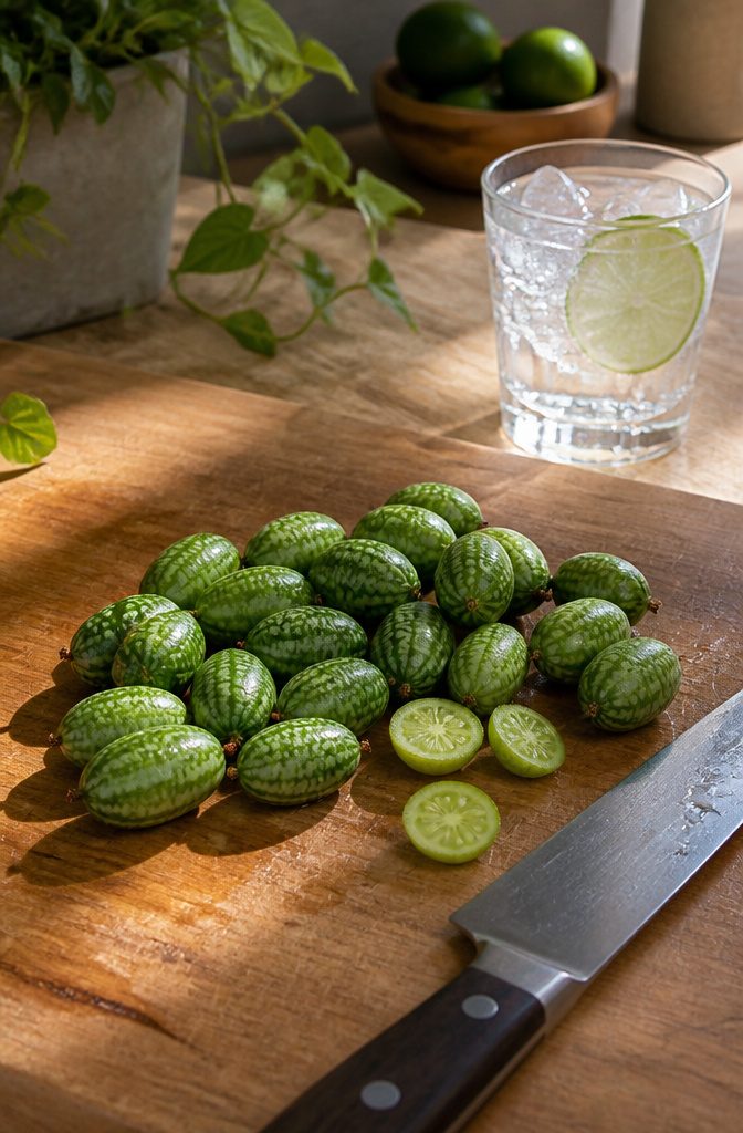 A rustic wooden cutting board with freshly harvested cucamelons and a knife.