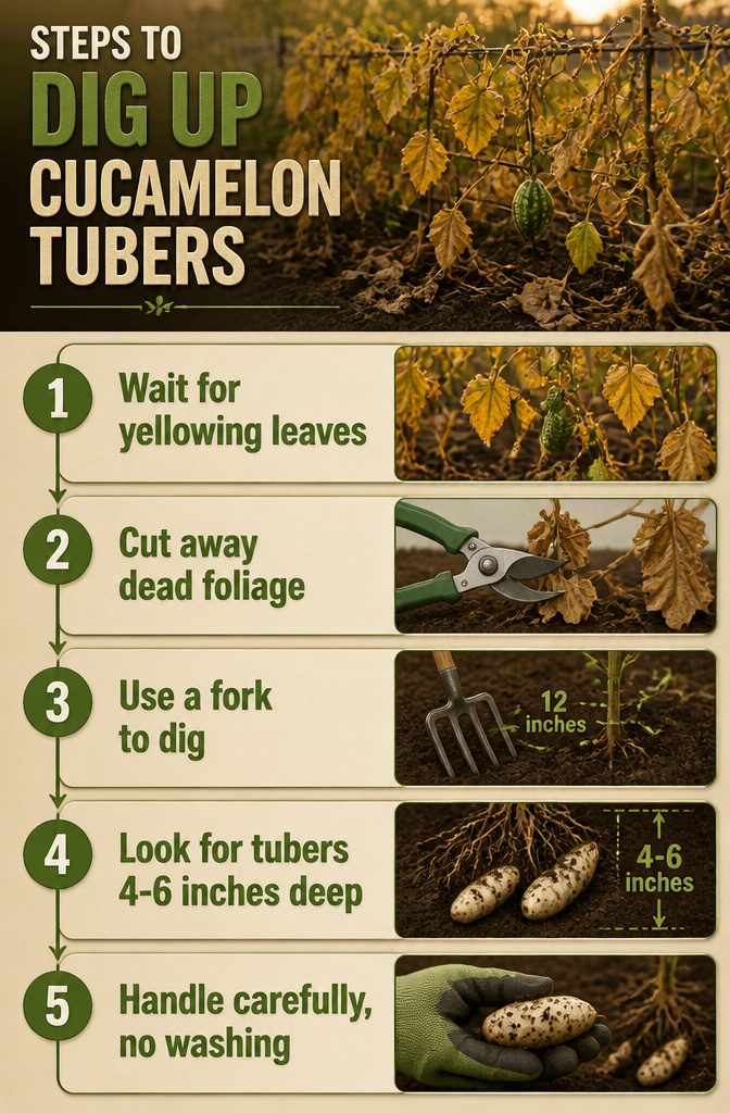 An information image showing steps to dig up cucamelon tubers.