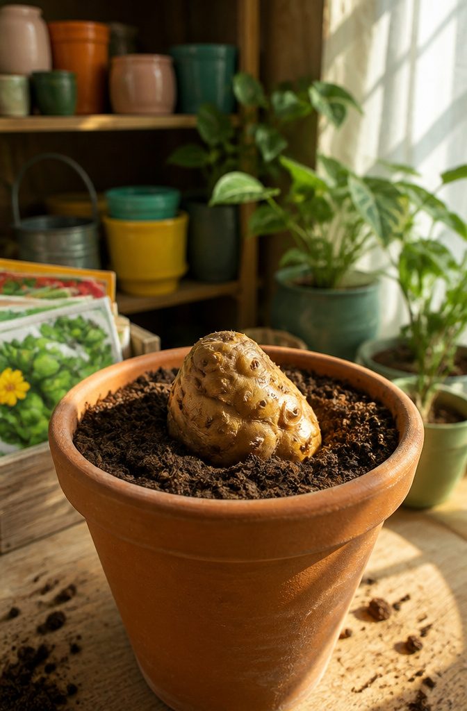 A photograph of a pot filled with moist potting soil and a cucamelon tuber.