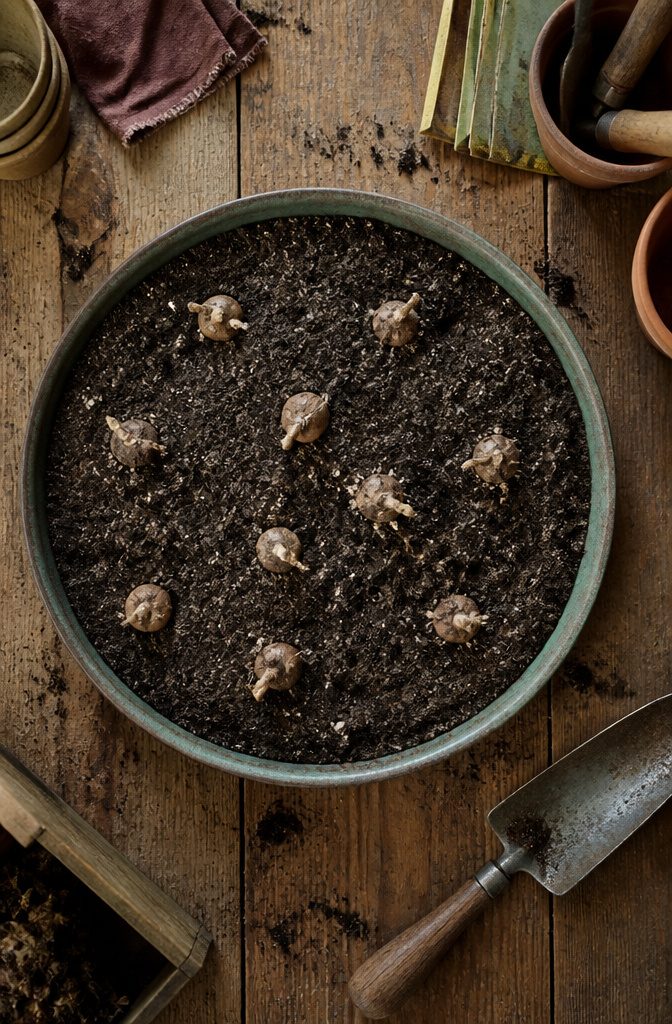A photograph showing a container filled with potting soil and cucamelon tubers.