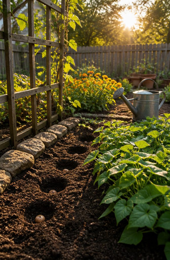 A photograph of planting cucamelon tubers in a garden with a trellis.