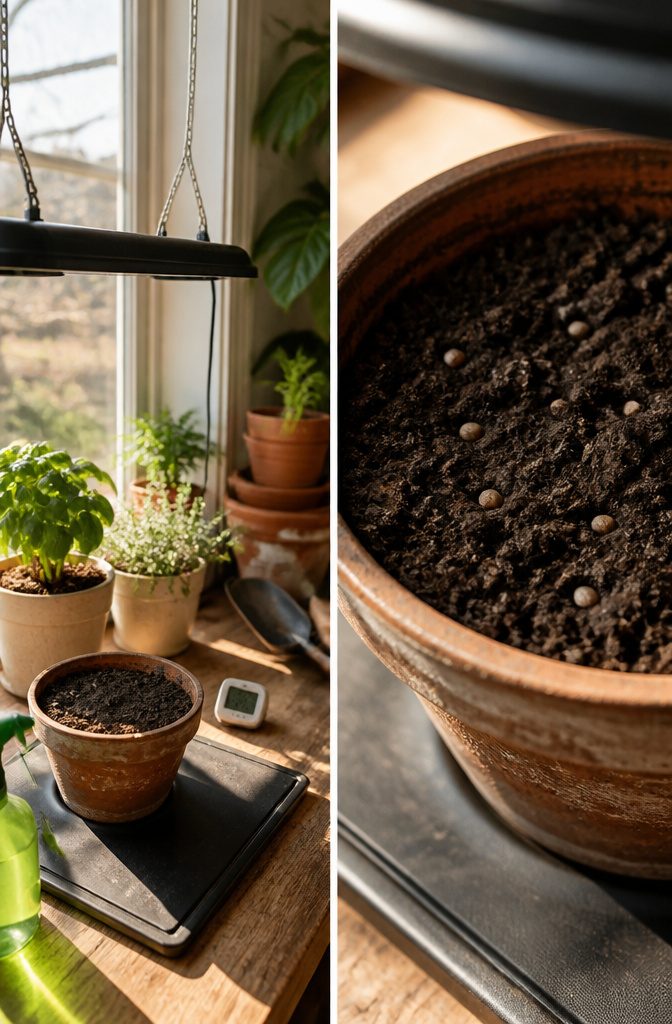 A photograph showing tiny cucamelon seeds in small pots of seed-starting mix.