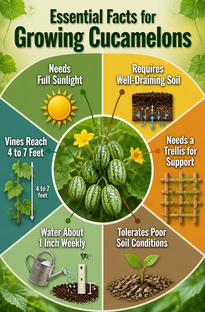 An information image detailing essential facts for growing cucamelons.