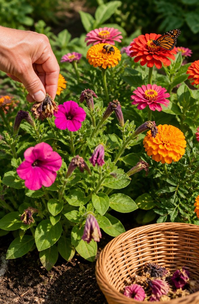 Deadheading Basics: A Guide to Pruning Spent Flowers 8 A vibrant cluster of blooming marigolds and zinnias in a garden.