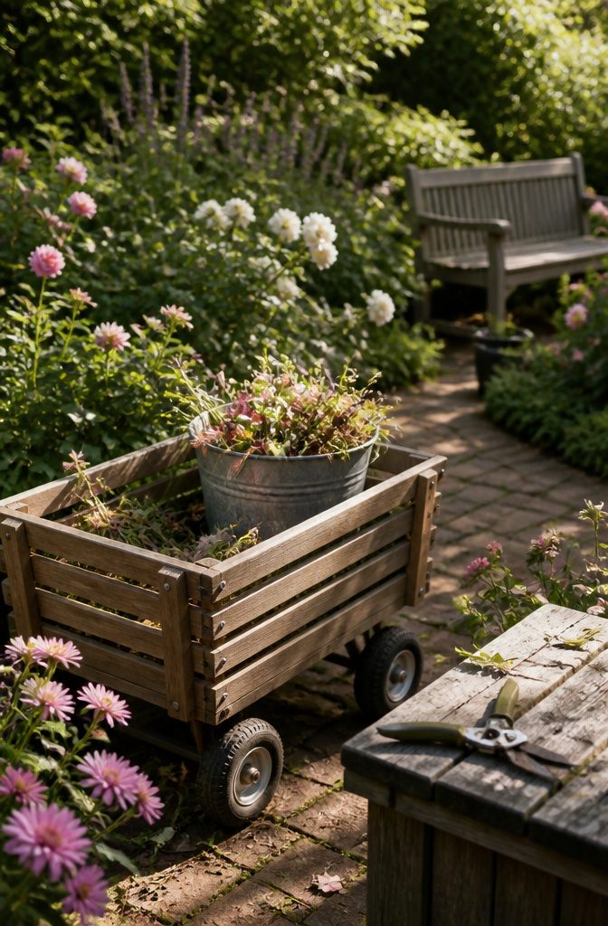 Deadheading Basics: A Guide to Pruning Spent Flowers 5 A garden cart filled with cut flower debris and garden shears.