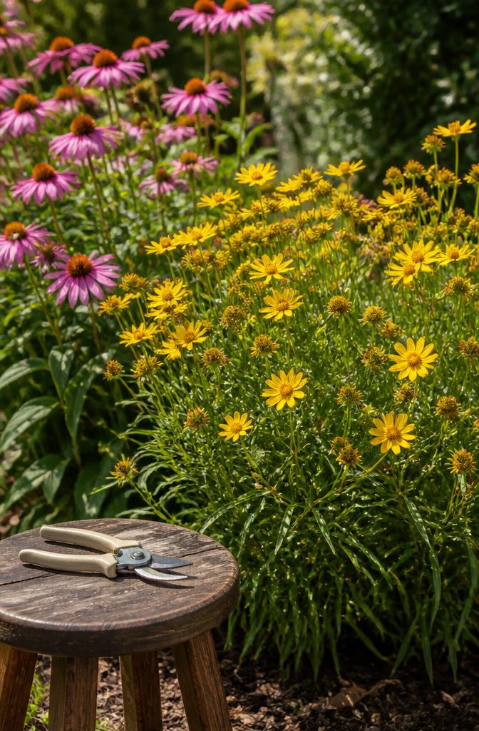 Deadheading Basics: A Guide to Pruning Spent Flowers 9 A thriving coreopsis plant with vivid blooms and spent flowers.