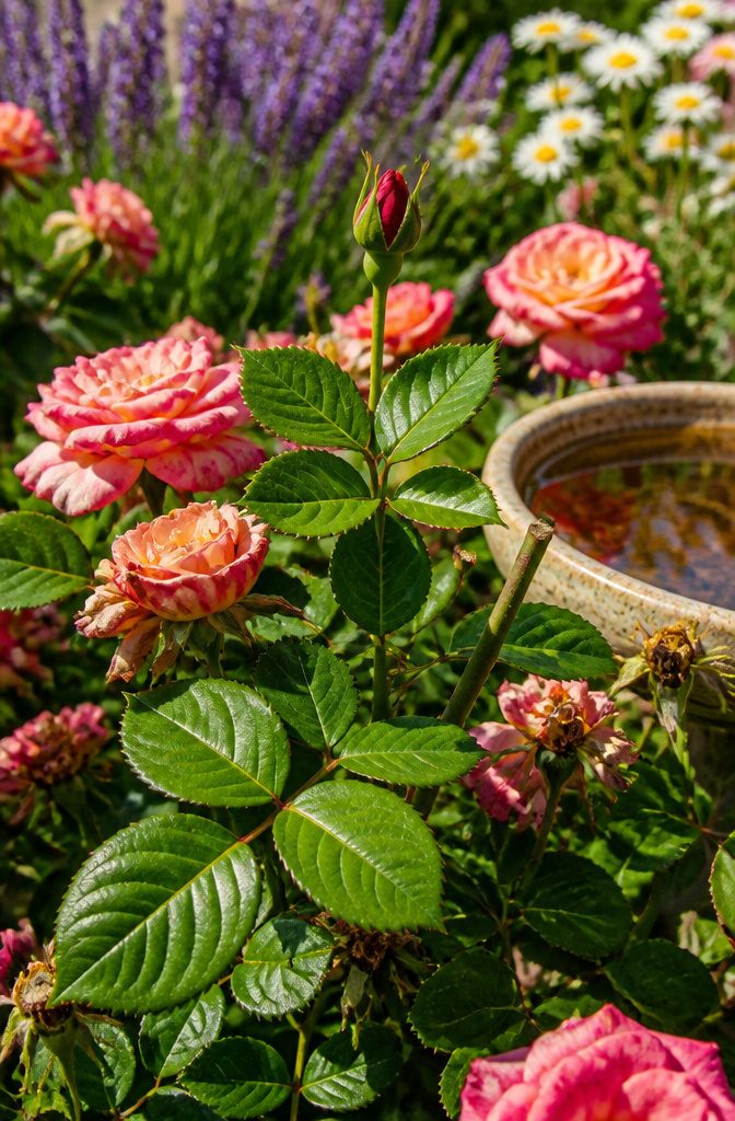 Deadheading Basics: A Guide to Pruning Spent Flowers 10 A rose bush with instructions for deadheading at the right leaf sets.
