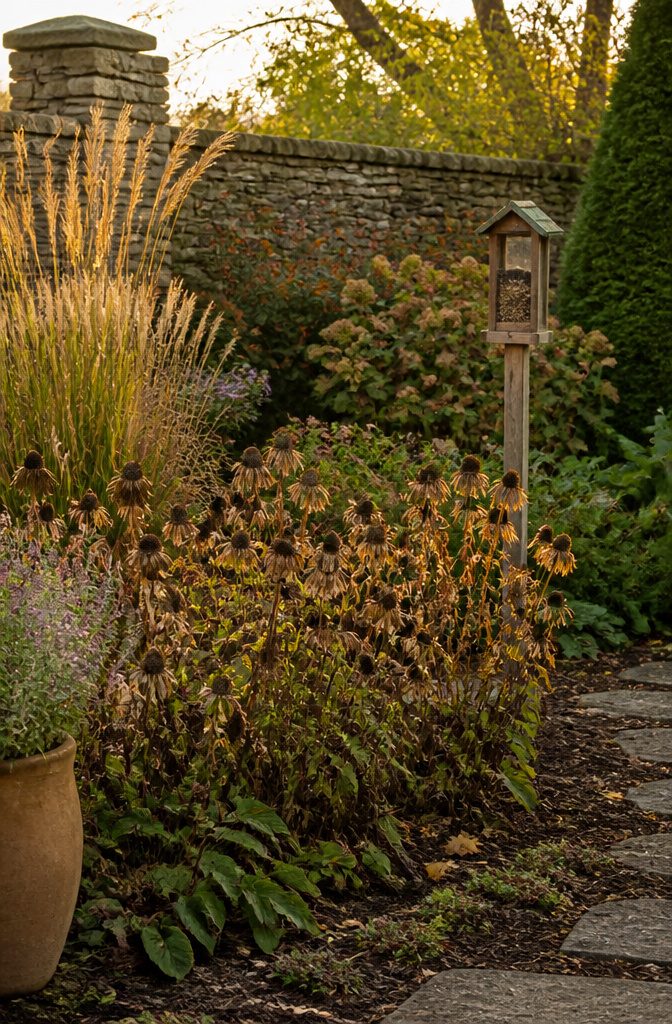 Deadheading Basics: A Guide to Pruning Spent Flowers 13 A garden scene with echinacea seed heads attracting goldfinches.