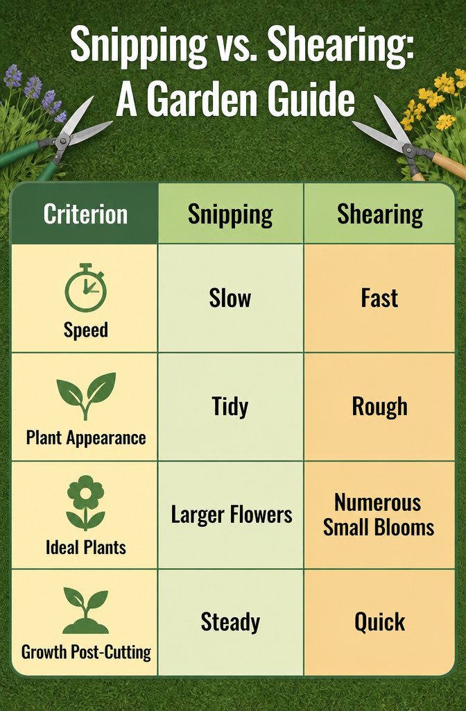 Deadheading Basics: A Guide to Pruning Spent Flowers 12 An information image comparing snipping and shearing in gardening.
