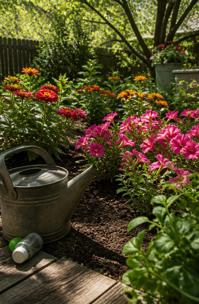 Deadheading Basics: A Guide to Pruning Spent Flowers 7 A watering can beside a freshly deadheaded plant.