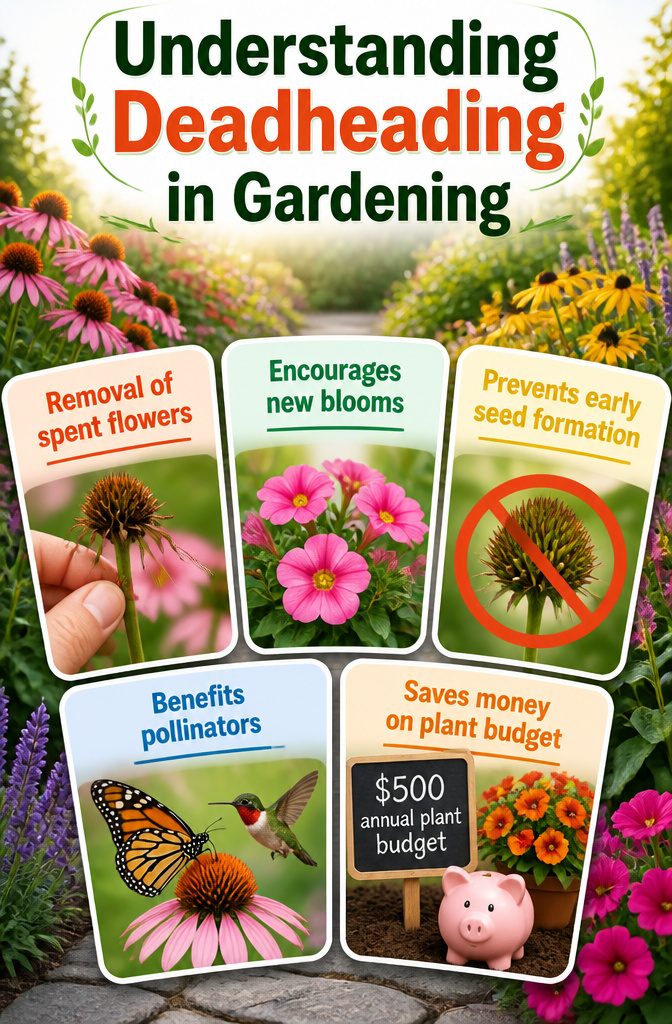 Deadheading Basics: A Guide to Pruning Spent Flowers 1 An information image titled 'Understanding Deadheading in Gardening'.