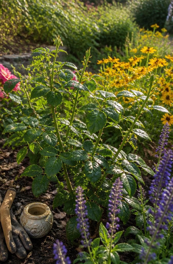 Deadheading Basics: A Guide to Pruning Spent Flowers 4 A close view of a rose bush with freshly cut flower stems.