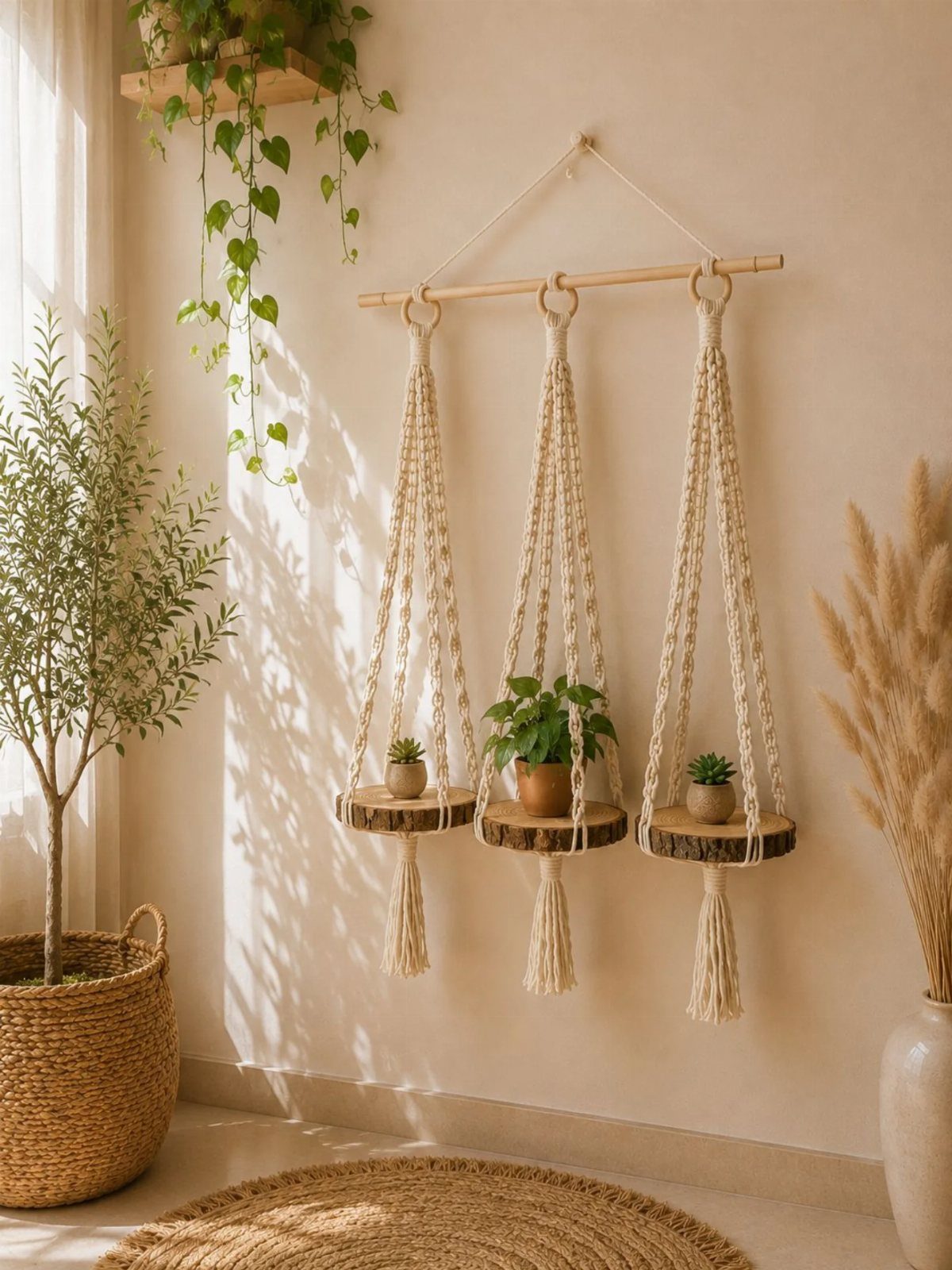 Small potted plants on wooden shelves suspended by macrame hangers against a white wall